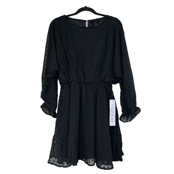 Urban Outfitters Lumière Swiss Dot Dolman Long Sleeve Mini Dress Black Size M Ne - Picture 1 of 15